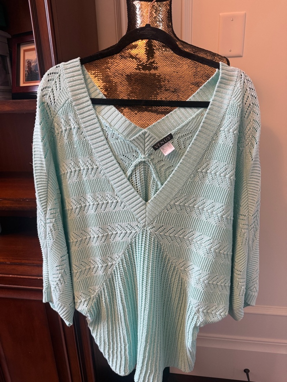VENUS Mint Open-Knit V-Neck Tie-Front Sweater